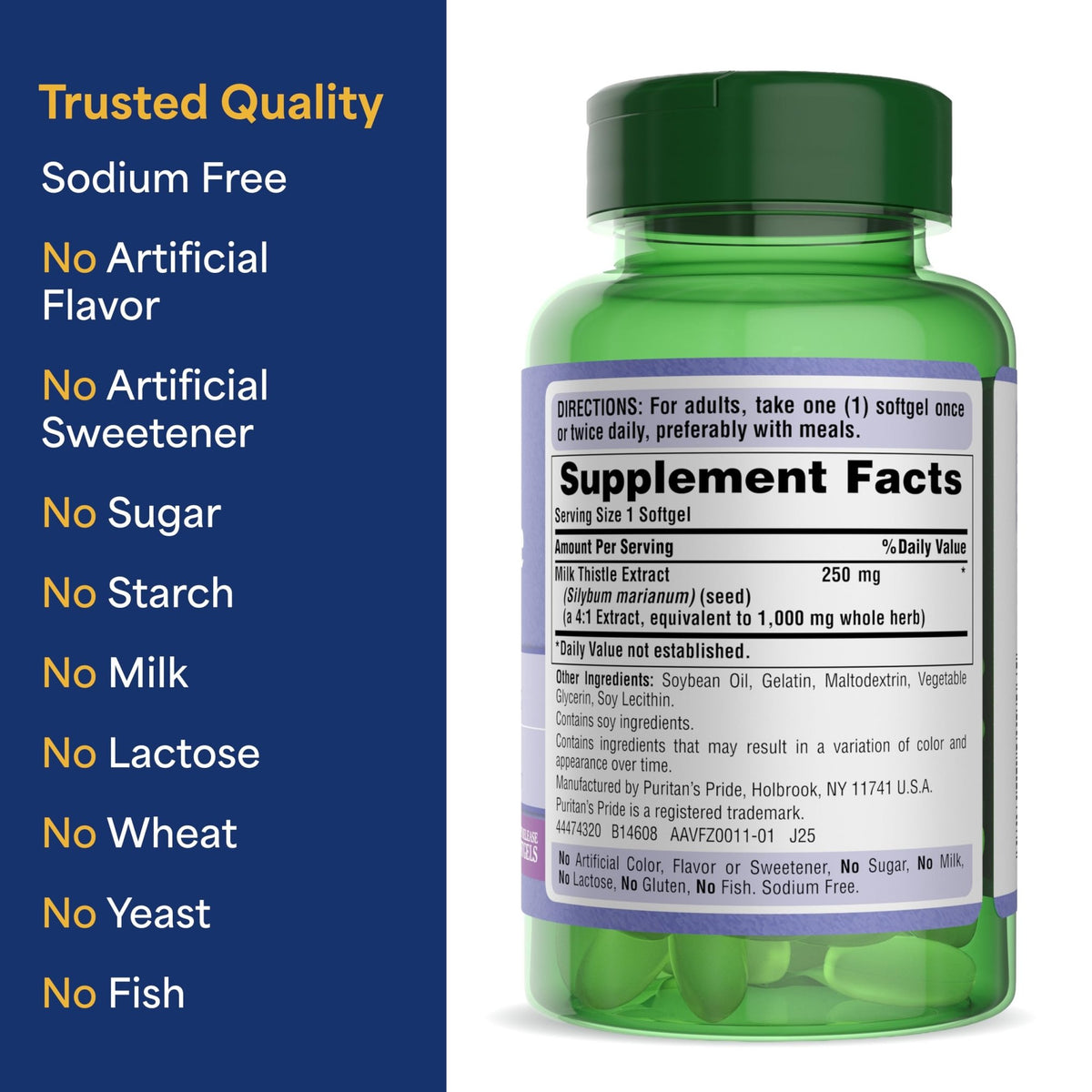 Puritan's Pride Milk Thistle Silymarin 4:1 Concentration Extract 250 mg (1000 mg Equivalent) - FENGGESTORE20