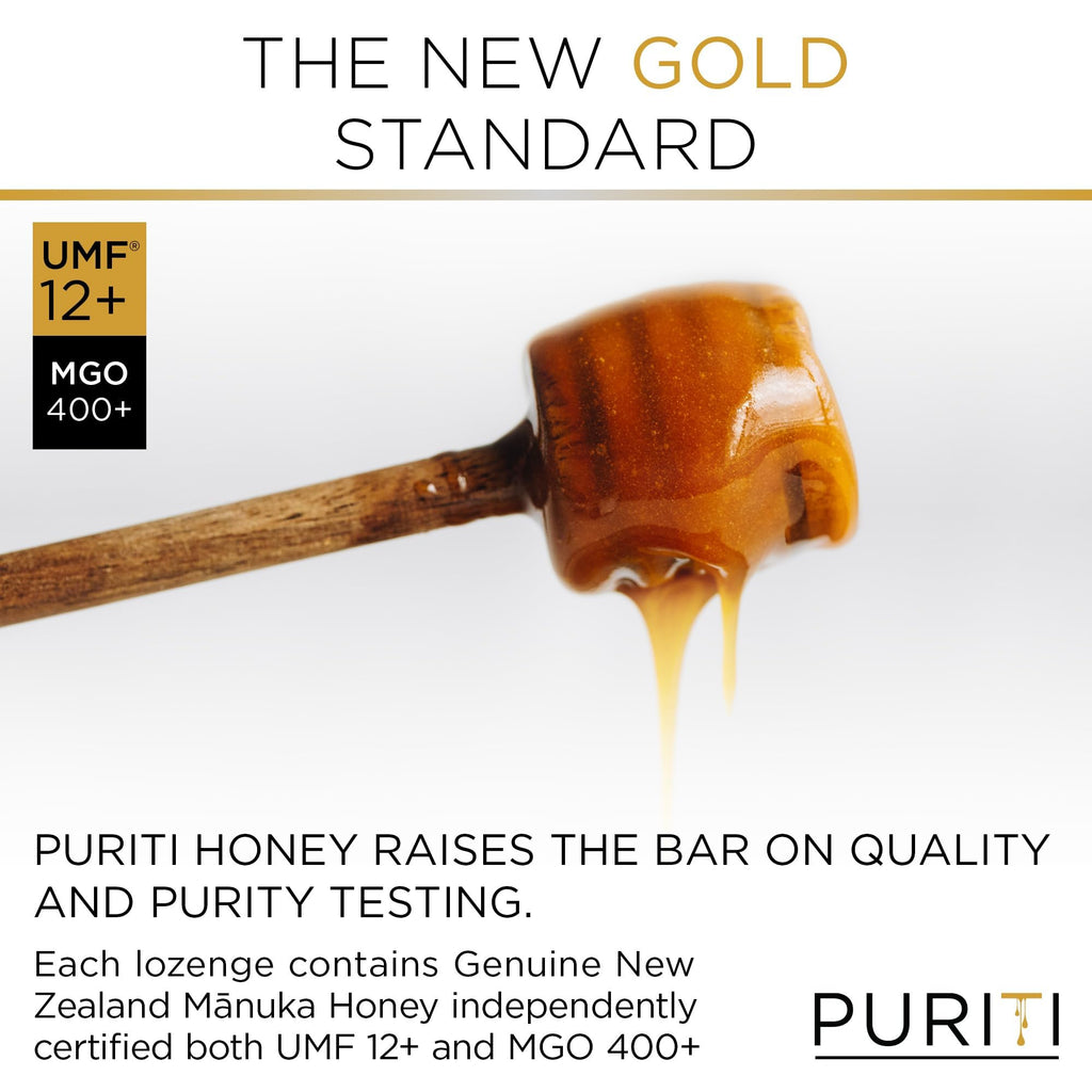 PURITI Premium Manuka Honey Lozenges High Potency - Sugar Free Drops | Genuine New Zealand Raw Manuka Honey Soothers for Coughs & Sore Throats | UMF Certified MGO 400+ UMF12+ (16 Pack) - FENGGESTORE20