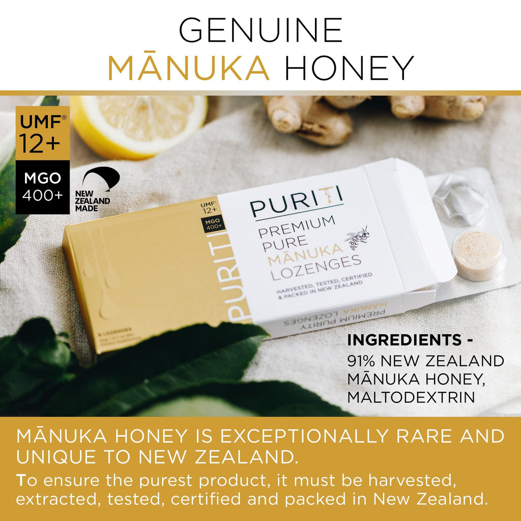 PURITI Premium Manuka Honey Lozenges High Potency - Sugar Free Drops | Genuine New Zealand Raw Manuka Honey Soothers for Coughs & Sore Throats | UMF Certified MGO 400+ UMF12+ (16 Pack) - FENGGESTORE20