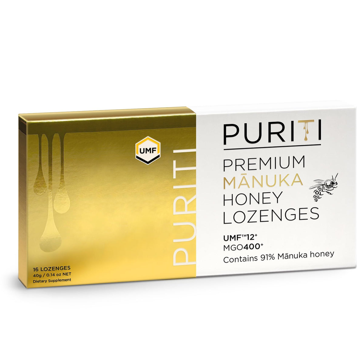 PURITI Premium Manuka Honey Lozenges High Potency - Sugar Free Drops | Genuine New Zealand Raw Manuka Honey Soothers for Coughs & Sore Throats | UMF Certified MGO 400+ UMF12+ (16 Pack) - FENGGESTORE20