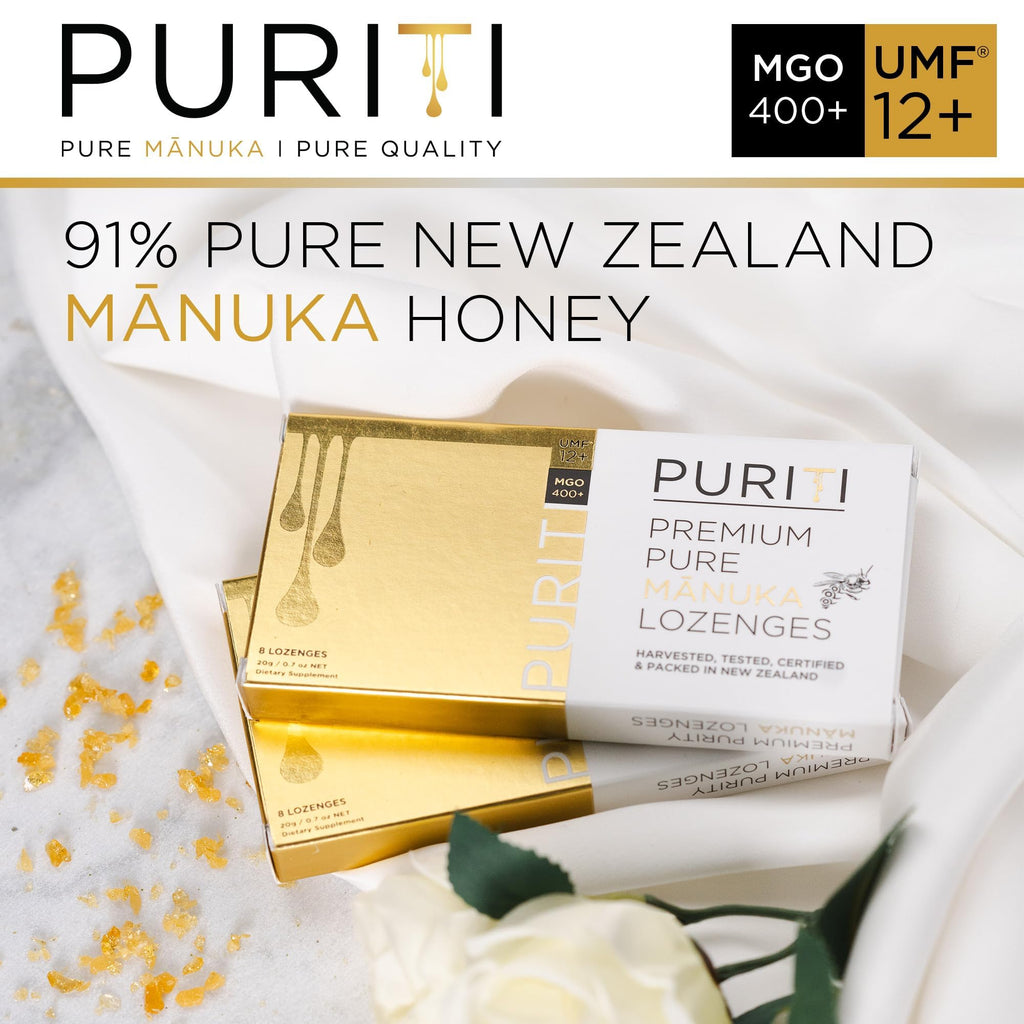 PURITI Premium Manuka Honey Lozenges High Potency - Sugar Free Drops | Genuine New Zealand Raw Manuka Honey Soothers for Coughs & Sore Throats | UMF Certified MGO 400+ UMF12+ (16 Pack) - FENGGESTORE20