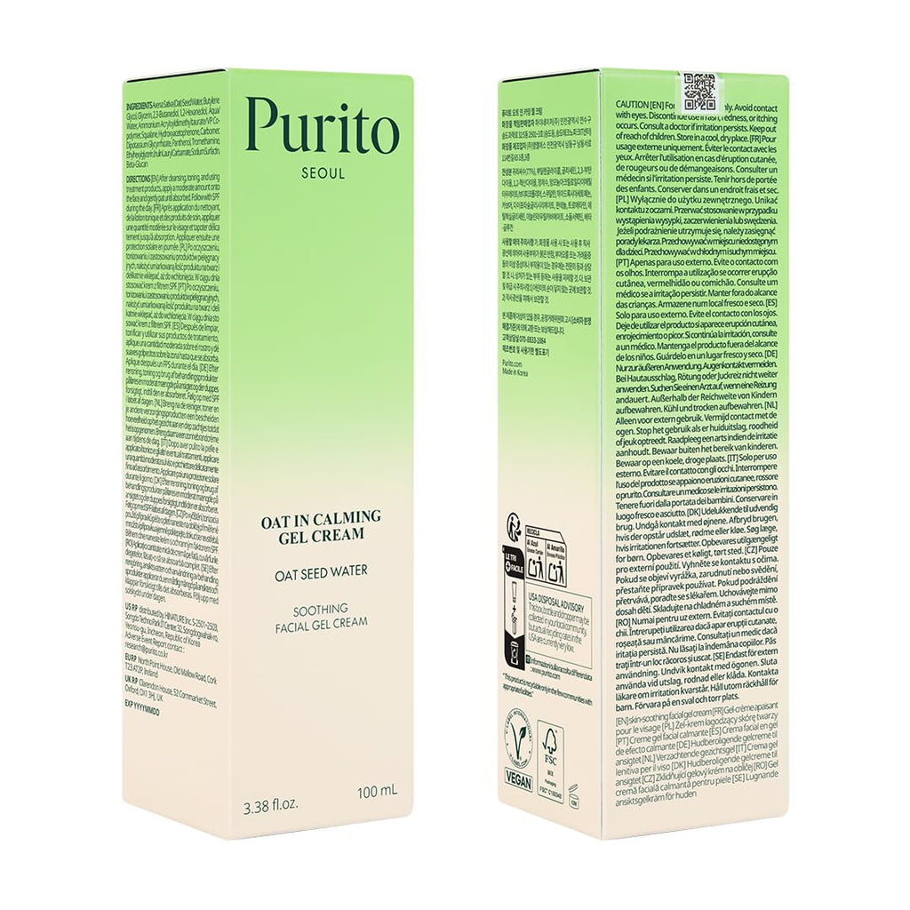 PURITO Oat In Calming Gel Cream, Non-Comedogenic, 77% Oat Seed Water Lightweight Water-Gel Face Moisturizer - FENGGESTORE20