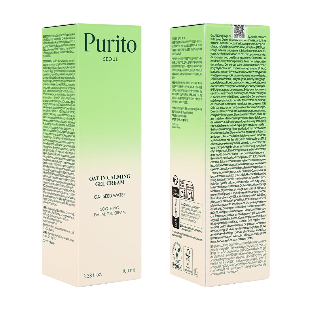 PURITO Oat In Calming Gel Cream, Non-Comedogenic, 77% Oat Seed Water Lightweight Water-Gel Face Moisturizer - FENGGESTORE20
