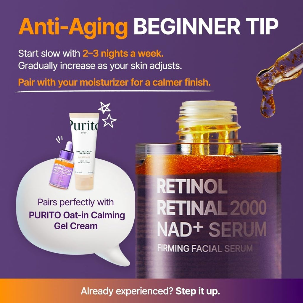 PURITO Retinol 0.1% + Retinal 0.1% Anti-Aging Facial Serum | for Wrinkles, Fine Lines & Firmer Skin | Dual Retinoids with NAD+, Improve Elasticity & Skin Texture - FENGGESTORE20