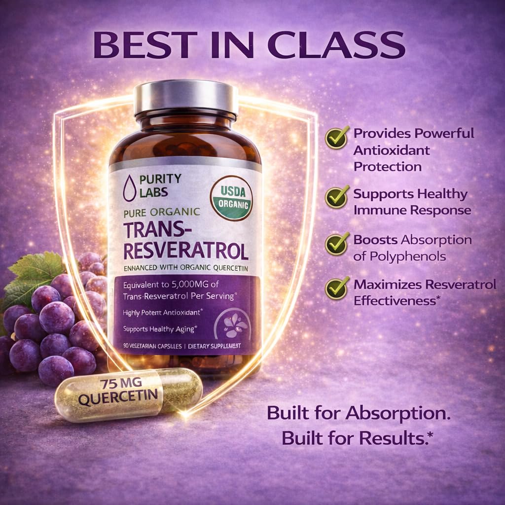 Purity Labs Trans-Resveratrol Supplement 5,000 mg Equivalent per Serving with Quercetin, USDA Organic High Potency Antioxidant, - FENGGESTORE20