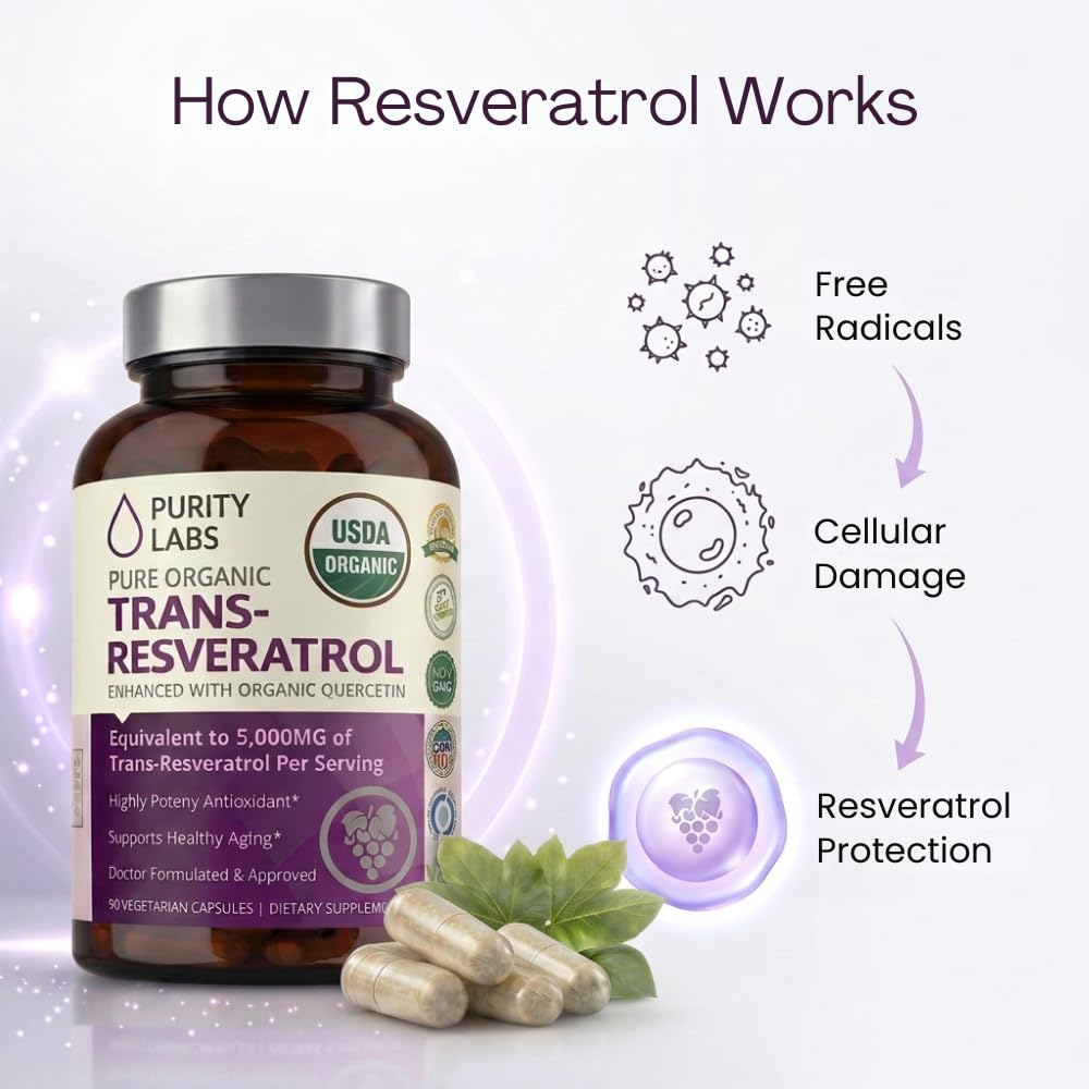 Purity Labs Trans-Resveratrol Supplement 5,000 mg Equivalent per Serving with Quercetin, USDA Organic High Potency Antioxidant, - FENGGESTORE20