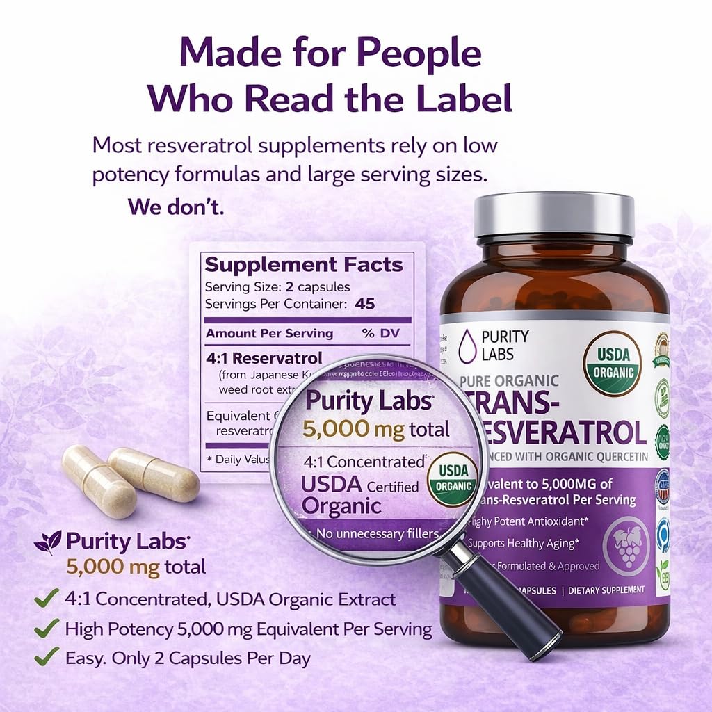 Purity Labs Trans-Resveratrol Supplement 5,000 mg Equivalent per Serving with Quercetin, USDA Organic High Potency Antioxidant, - FENGGESTORE20