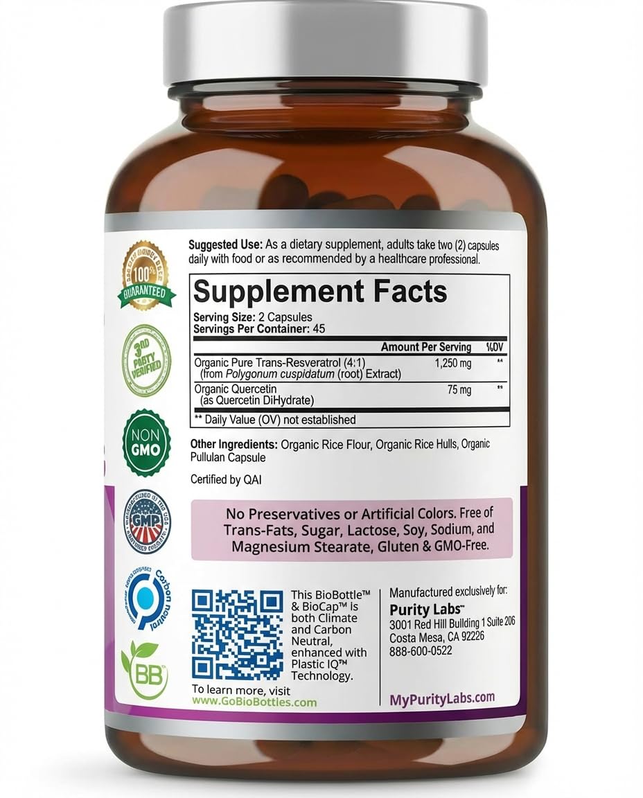 Purity Labs Trans-Resveratrol Supplement 5,000 mg Equivalent per Serving with Quercetin, USDA Organic High Potency Antioxidant, - FENGGESTORE20