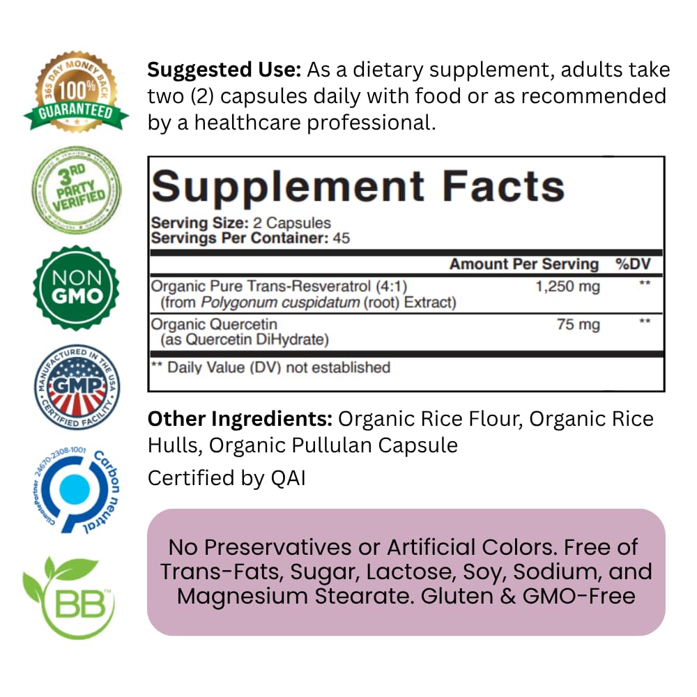 Purity Labs Trans-Resveratrol Supplement 5,000 mg Equivalent per Serving with Quercetin, USDA Organic High Potency Antioxidant, - FENGGESTORE20