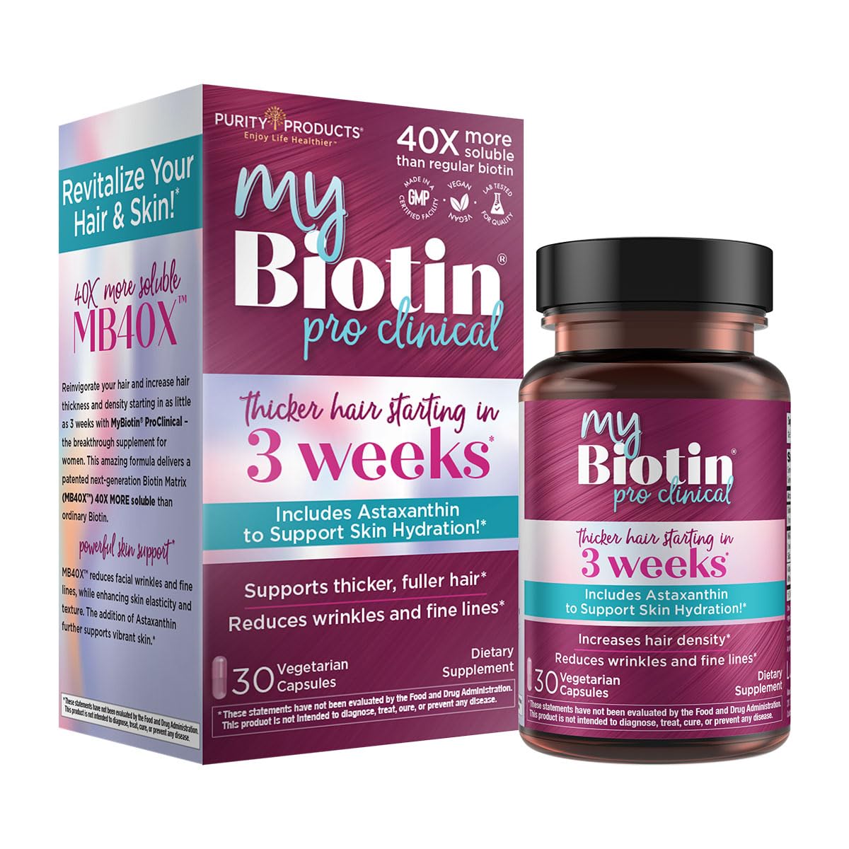 Purity Products MyBiotin ProClinical – Thicker Hair Starting in 3 Weeks & Fights Wrinkles - MB40X Patented Biotin Vitamin B7 Matrix w/Astaxanthin - FENGGESTORE20