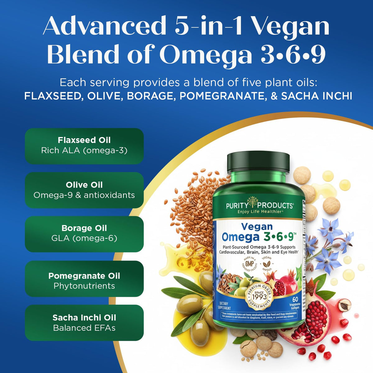 Purity Products Omega 3-6-9 Vegan and Vegetarian Formula - “5 in 1” Essential Fatty Acid Complex - Scientifically Formulated Plant-Based Omega 3 6 9 Essential Fatty Acids (EFA) - from (60) - FENGGESTORE20