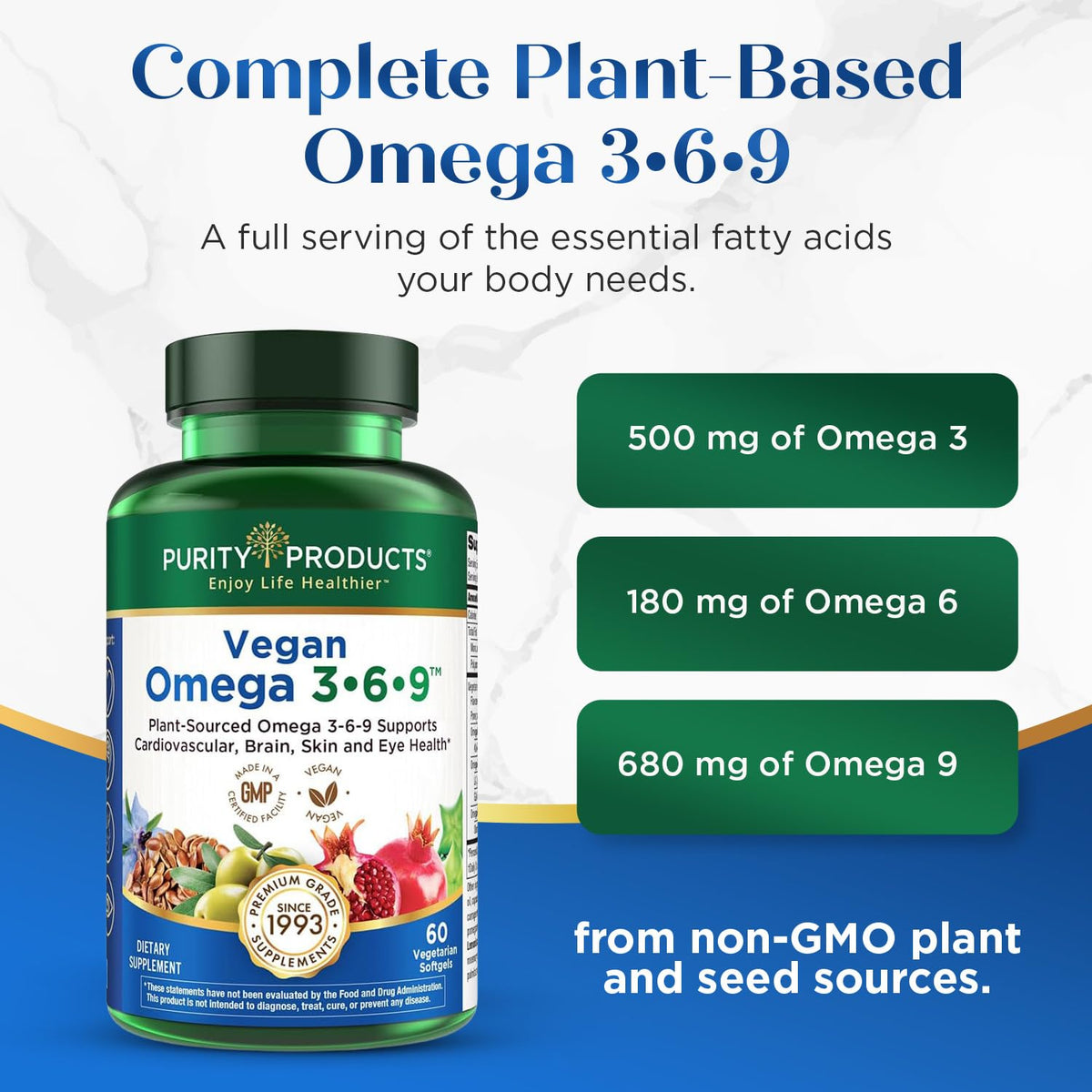 Purity Products Omega 3-6-9 Vegan and Vegetarian Formula - “5 in 1” Essential Fatty Acid Complex - Scientifically Formulated Plant-Based Omega 3 6 9 Essential Fatty Acids (EFA) - from (60) - FENGGESTORE20