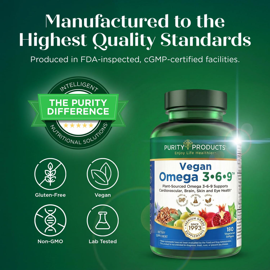 Purity Products Vegan Omega 3 6 9 Formula - “5 in 1” Essential Fatty Acid Complex - Scientifically Formulated Plant-Based Vegan Omega 3-6-9 Essential Fatty Acids - FENGGESTORE20