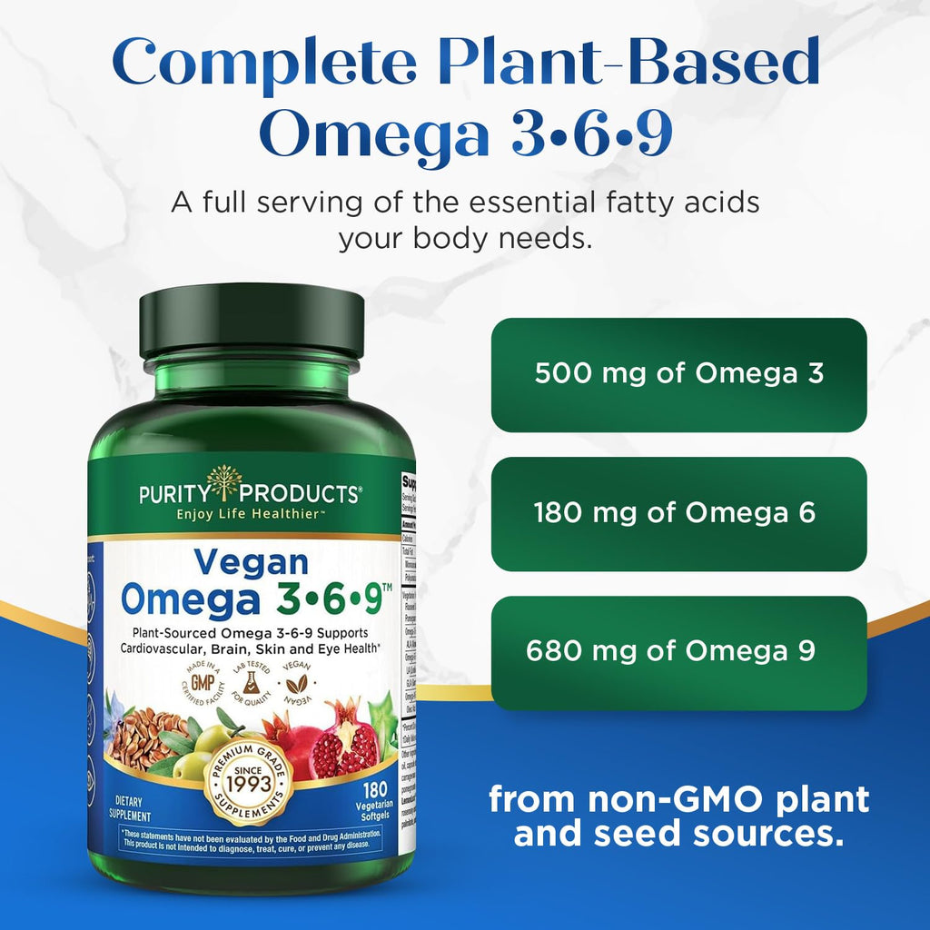 Purity Products Vegan Omega 3 6 9 Formula - “5 in 1” Essential Fatty Acid Complex - Scientifically Formulated Plant-Based Vegan Omega 3-6-9 Essential Fatty Acids - FENGGESTORE20