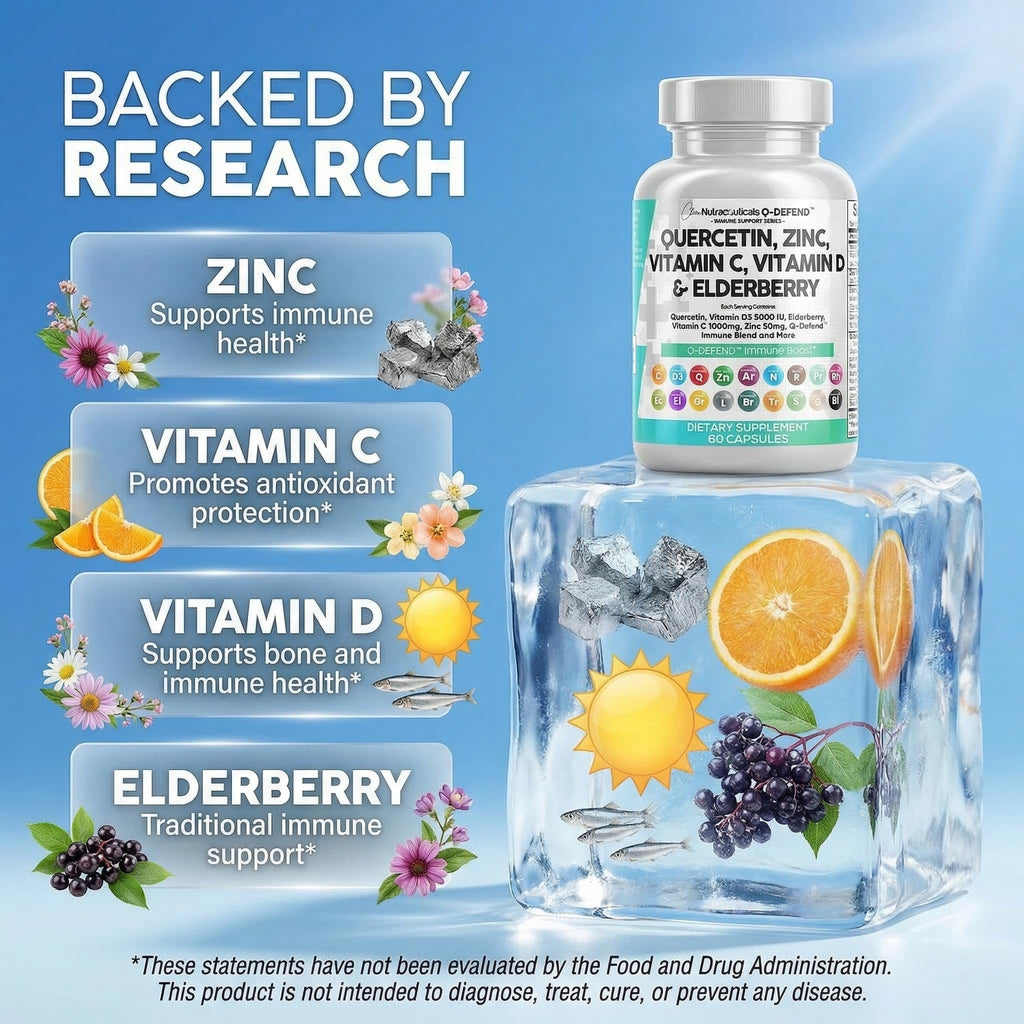 Q Defend Quercetin Supplement with Zinc Vitamin C Vitamin D Elderberry Turmeric Black Pepper Garlic Ginger Sea Moss Lysine Stinging Nettle Reishi Mushroom Immune - FENGGESTORE20