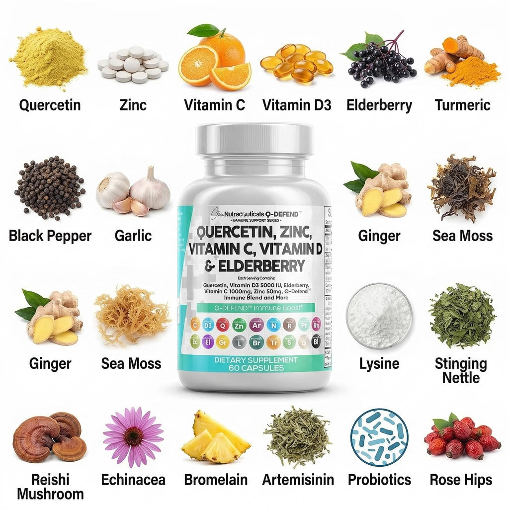 Q Defend Quercetin Supplement with Zinc Vitamin C Vitamin D Elderberry Turmeric Black Pepper Garlic Ginger Sea Moss Lysine Stinging Nettle Reishi Mushroom Immune - FENGGESTORE20