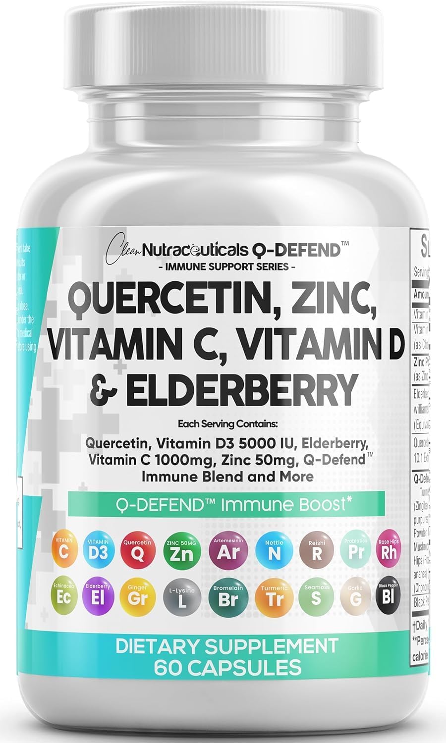 Q Defend Quercetin Supplement with Zinc Vitamin C Vitamin D Elderberry Turmeric Black Pepper Garlic Ginger Sea Moss Lysine Stinging Nettle Reishi Mushroom Immune - FENGGESTORE20