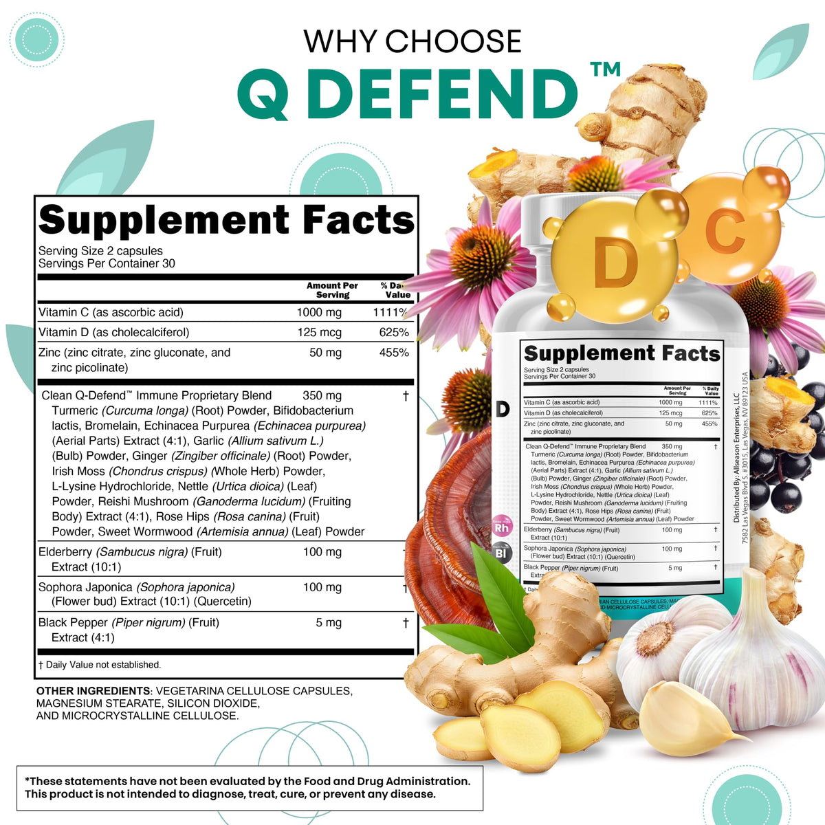 Q Defend Quercetin Supplement with Zinc Vitamin C Vitamin D Elderberry Turmeric Black Pepper Garlic Ginger Sea Moss Lysine Stinging Nettle Reishi Mushroom Immune - FENGGESTORE20