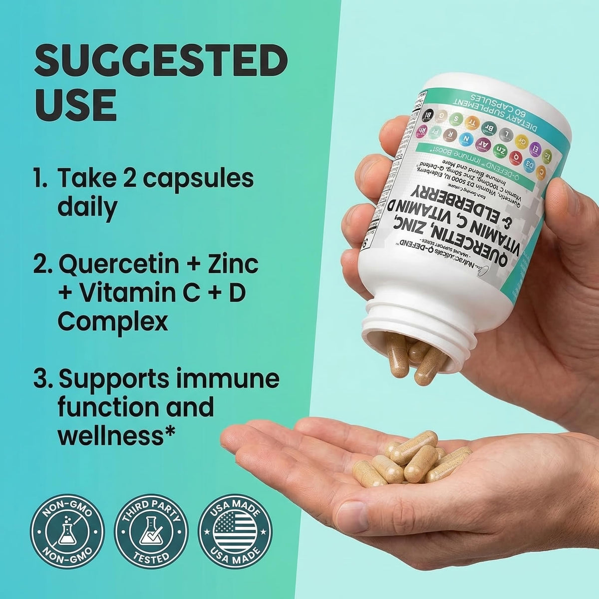 Q Defend Quercetin Supplement with Zinc Vitamin C Vitamin D Elderberry Turmeric Black Pepper Garlic Ginger Sea Moss Lysine Stinging Nettle Reishi Mushroom Immune - FENGGESTORE20