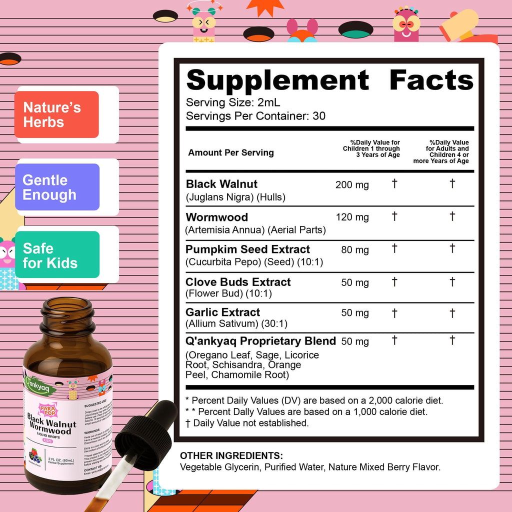 Q'ankyaq Black Walnut Wormwood Liquid for Kids, Gut Cleanse for Children Drops, Natural Detox Support, Gut & Immune Support with Cloves, Garlic, - FENGGESTORE20