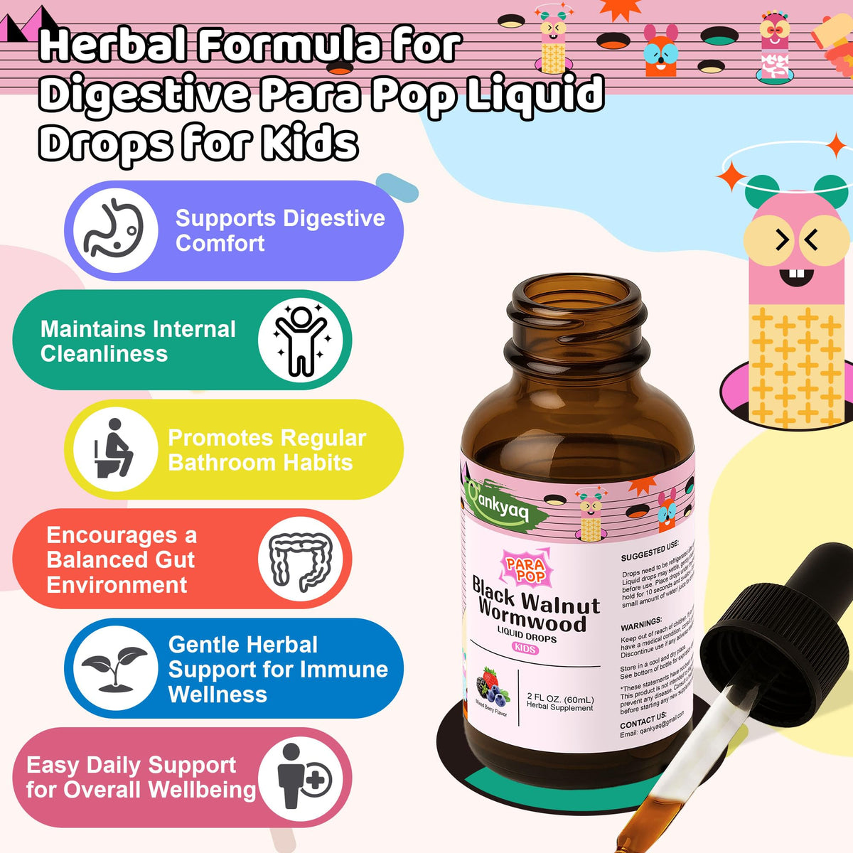 Q'ankyaq Black Walnut Wormwood Liquid for Kids, Gut Cleanse for Children Drops, Natural Detox Support, Gut & Immune Support with Cloves, Garlic, - FENGGESTORE20