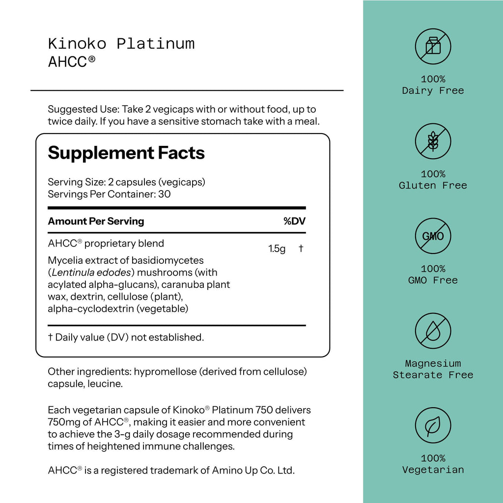 Quality of Life Premium Kinoko Platinum AHCC Herbal Supplement, 750mg per Capsule, for Immune Support, Liver Function, Maintains Natural Killer Cell Activity - FENGGESTORE20