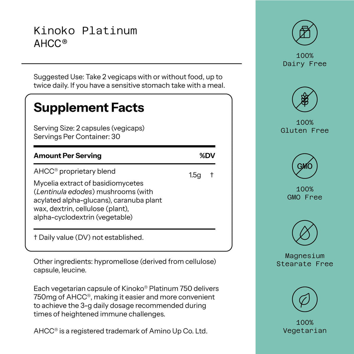 Quality of Life Premium Kinoko Platinum AHCC Herbal Supplement, 750mg per Capsule, for Immune Support, Liver Function, Maintains Natural Killer Cell Activity - FENGGESTORE20
