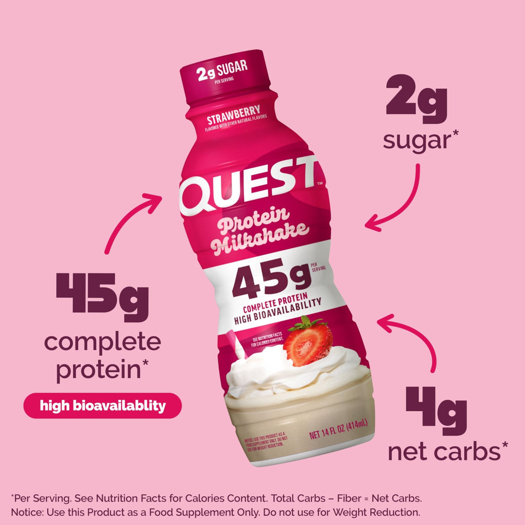 Quest Nutrition Strawberry Protein Shake, 45g Protein, 2g Sugar, 4g Net Carbs, Ready to Drink, Gluten Free, 4 Count - FENGGESTORE20