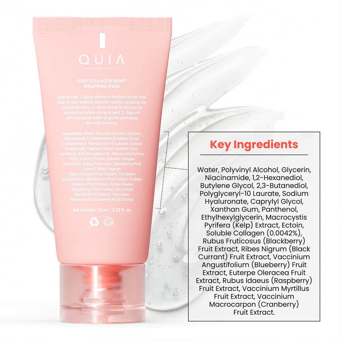 QUIA Collagen Wrapping Mask 75ml - Clinical +92% Firmer Appearance - Overnight Glass Skin Peel Off - Korean Skincare - FENGGESTORE20