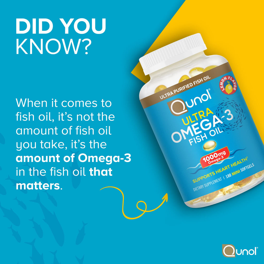 Qunol Fish Oil Omega 3 Mini Softgels, 1000mg Omega 3 EPA + DHA, Ultra Pure Supplements, Heart Health Support, Lemon Flavor, Easy to Swallow Minis, 3 Month Supply, 180 Count - FENGGESTORE20