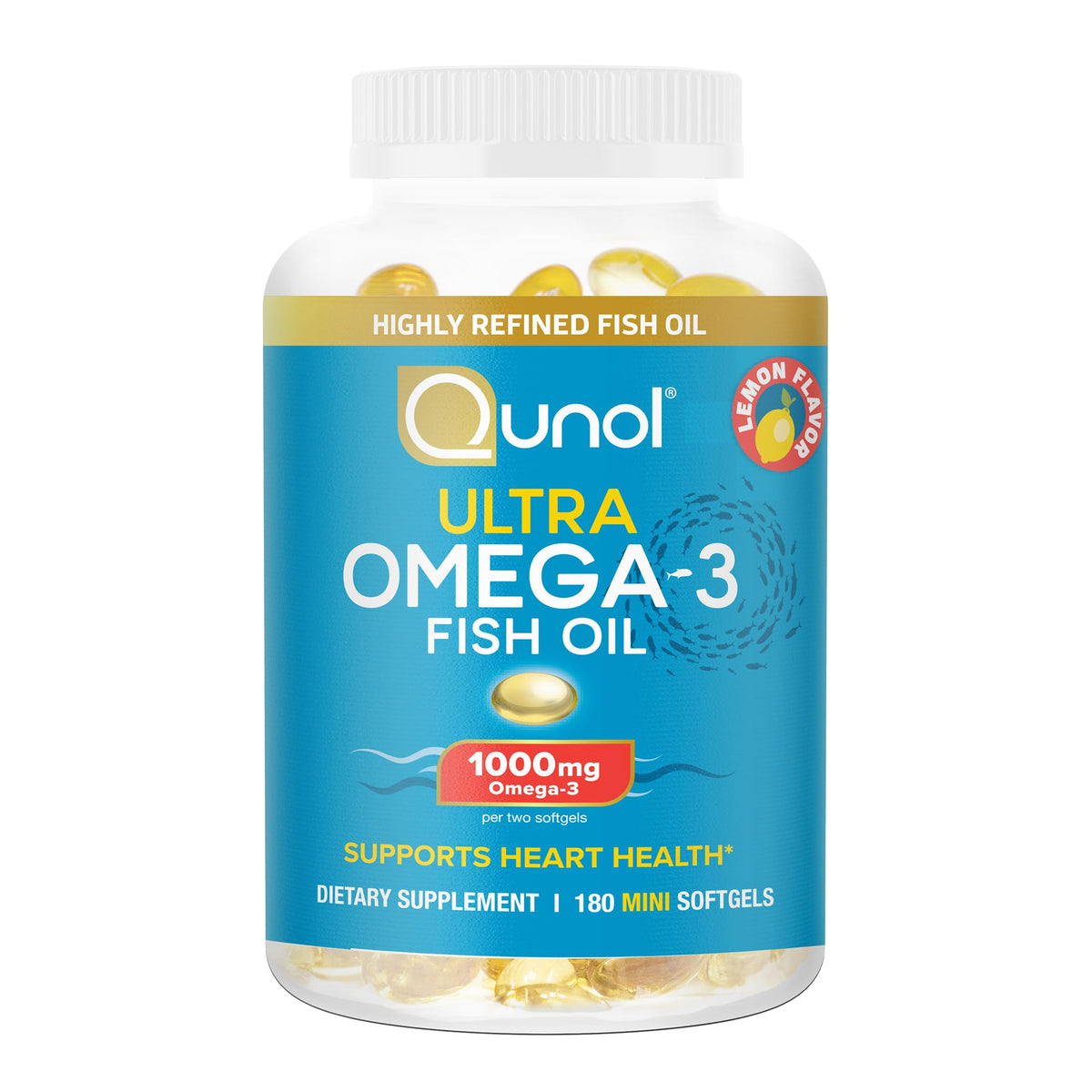 Qunol Fish Oil Omega 3 Mini Softgels, 1000mg Omega 3 EPA + DHA, Ultra Pure Supplements, Heart Health Support, Lemon Flavor, Easy to Swallow Minis, 3 Month Supply, 180 Count - FENGGESTORE20