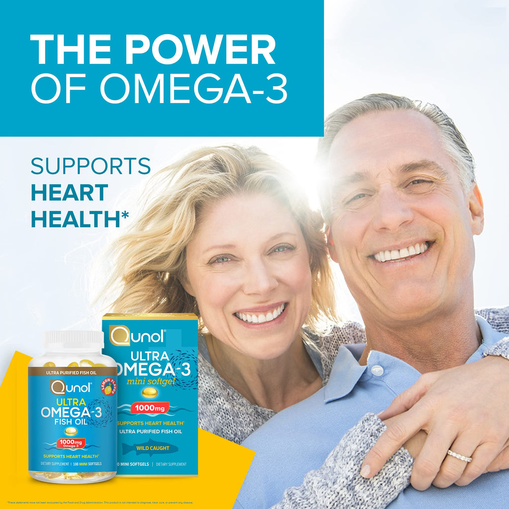 Qunol Fish Oil Omega 3 Mini Softgels, 1000mg Omega 3 EPA + DHA, Ultra Pure Supplements, Heart Health Support, Lemon Flavor, Easy to Swallow Minis, 3 Month Supply, 180 Count - FENGGESTORE20