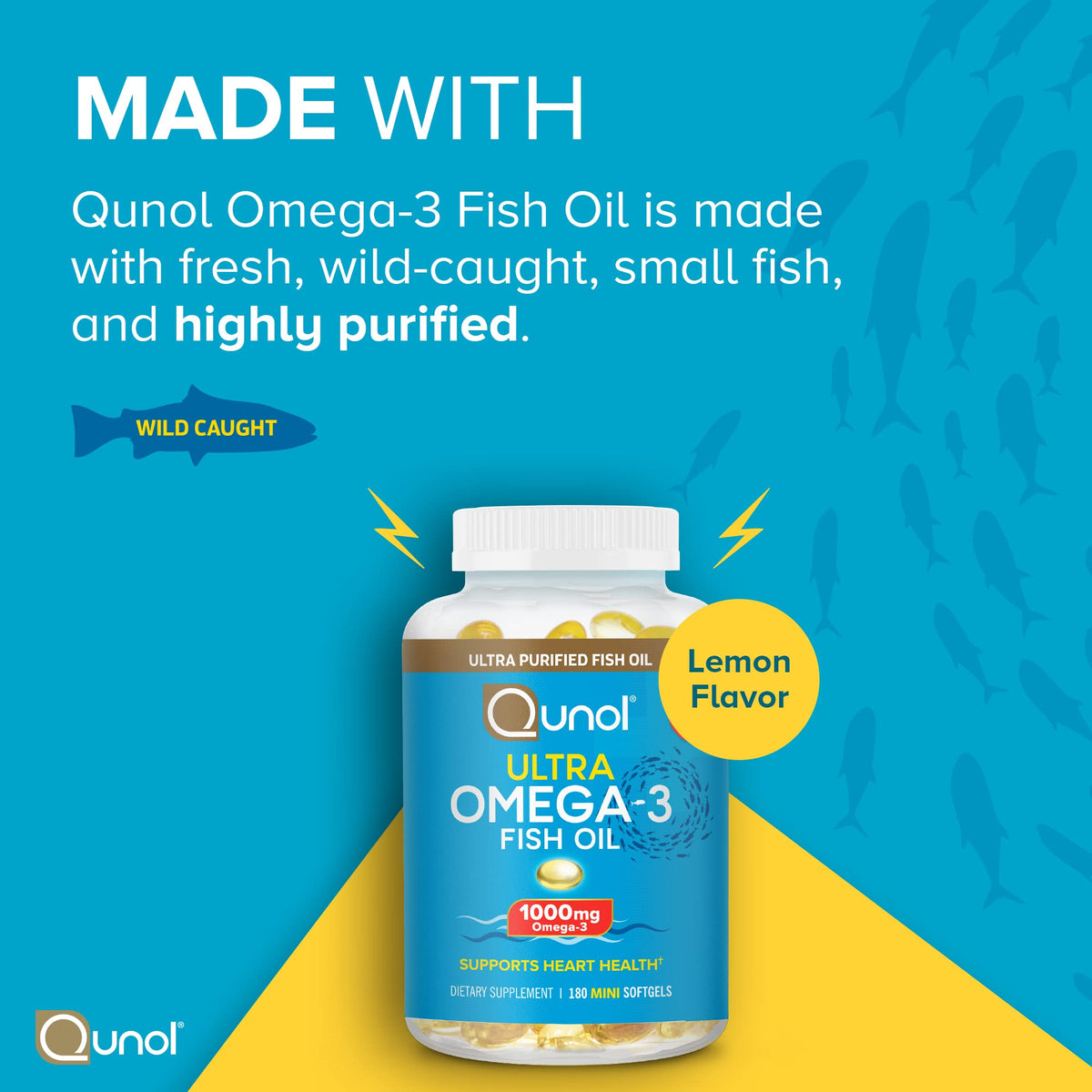 Qunol Fish Oil Omega 3 Mini Softgels, 1000mg Omega 3 EPA + DHA, Ultra Pure Supplements, Heart Health Support, Lemon Flavor, Easy to Swallow Minis, 3 Month Supply, 180 Count - FENGGESTORE20