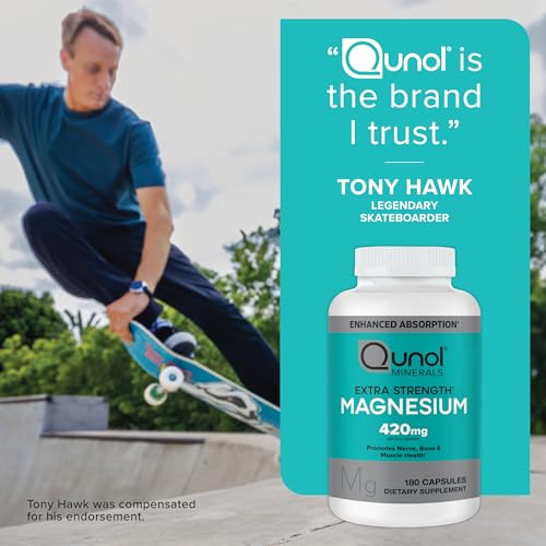 Qunol Magnesium Capsules 420mg, 100% DV, High Absorption Magnesium Supplement, Extra Strength, Bone and Muscle Health Supplement, 180 Count - FENGGESTORE20