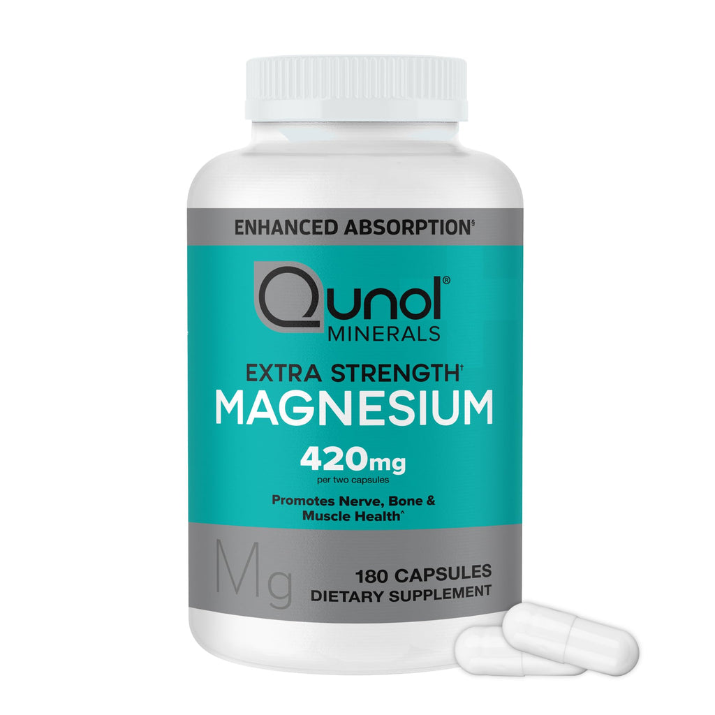 Qunol Magnesium Capsules 420mg, 100% DV, High Absorption Magnesium Supplement, Extra Strength, Bone and Muscle Health Supplement, 180 Count - FENGGESTORE20