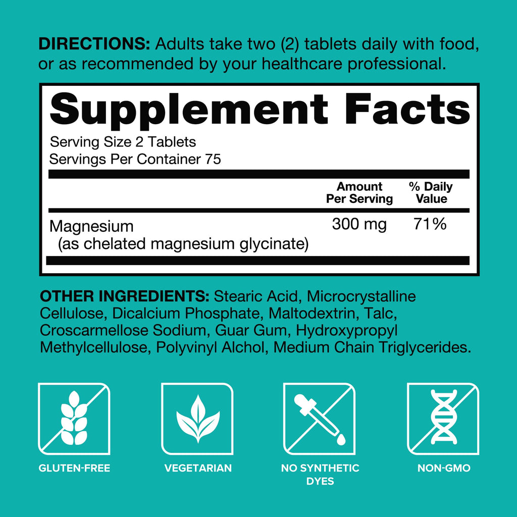 Qunol Magnesium Glycinate 300mg, 100% Glycinate Chelated Magnesium Supplement, 150ct Tablets - FENGGESTORE20