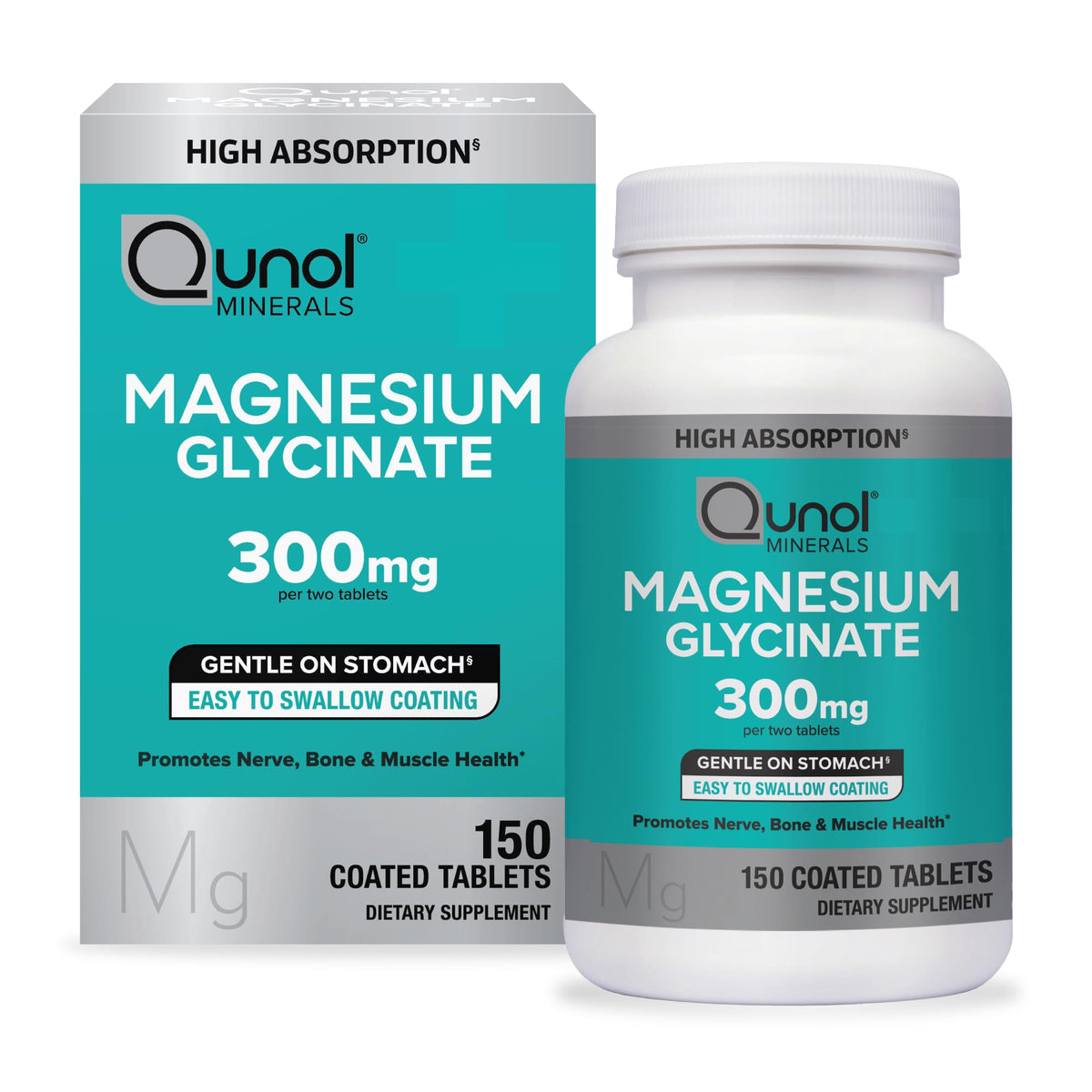 Qunol Magnesium Glycinate 300mg, 100% Glycinate Chelated Magnesium Supplement, 150ct Tablets - FENGGESTORE20