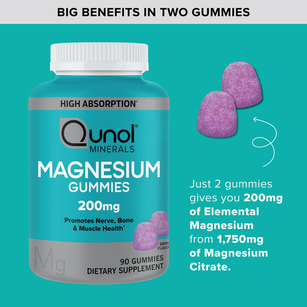 Qunol Magnesium Gummies for Adults, 200mg Elemental Magnesium (from 1,750mg Magnesium Citrate), High Absorption Magnesium Supplement, Supports Nerve, - FENGGESTORE20