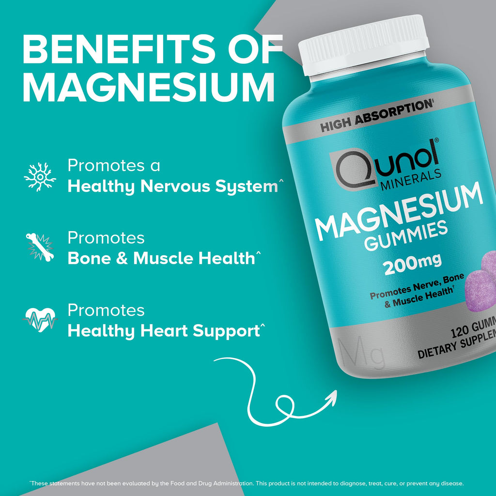 Qunol Magnesium Gummies for Adults, 200mg Elemental Magnesium (from 1,750mg Magnesium Citrate), High Absorption Magnesium Supplement, Supports Nerve, - FENGGESTORE20