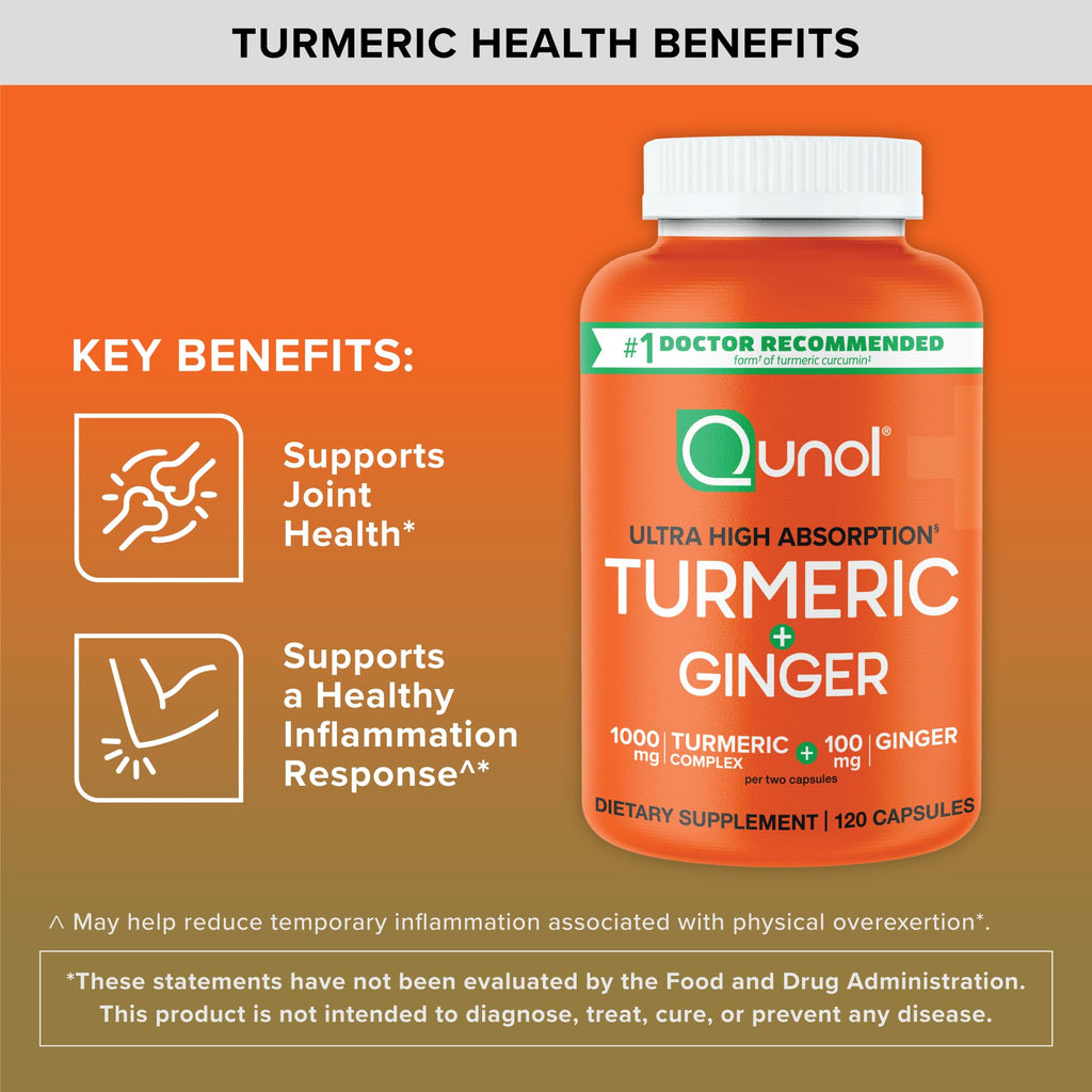 Qunol Turmeric and Ginger Capsules, 1000mg Turmeric Supplement, Ultra High Absorption to Support Joint Health, #1 Doctor Recommended Form - FENGGESTORE20