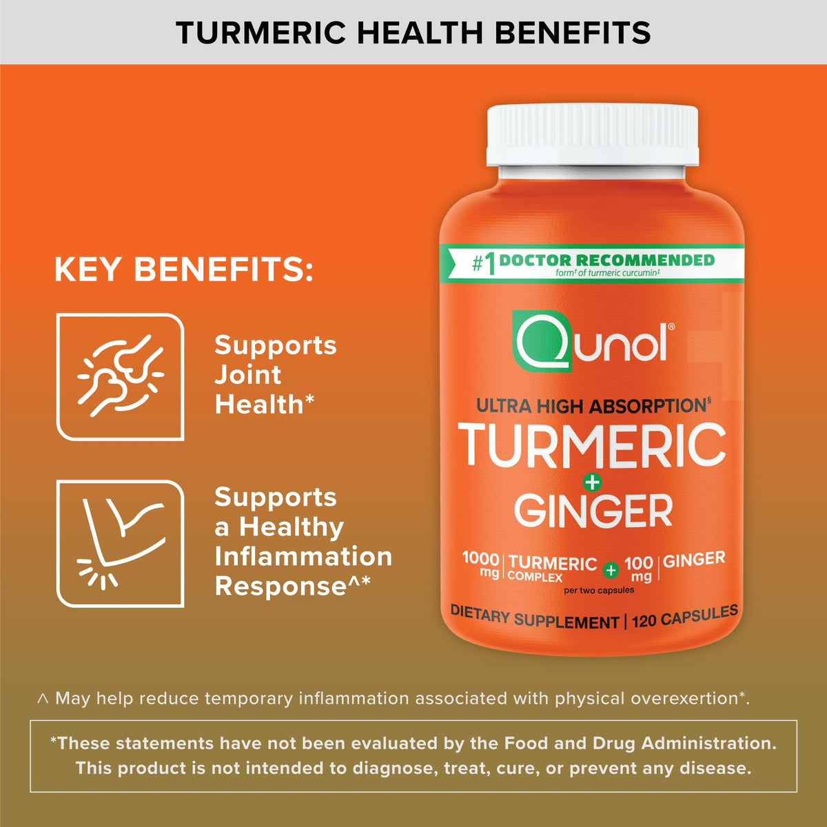 Qunol Turmeric and Ginger Capsules, 1000mg Turmeric Supplement, Ultra High Absorption to Support Joint Health, #1 Doctor Recommended Form - FENGGESTORE20