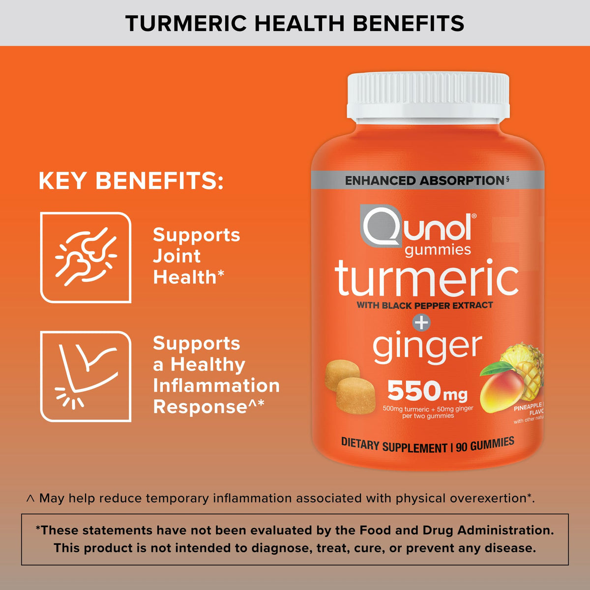 Qunol Turmeric and Ginger with Black Pepper Gummies, Turmeric Curcumin Supplement, Joint Health Support Gummy, 90ct Gummies - FENGGESTORE20