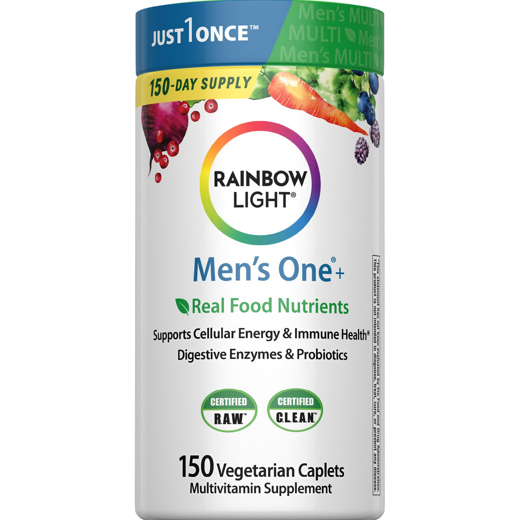 Rainbow Light Mens Multivitamin One + | 150 Caplets | Supports Cellular Energy & Immune Health | with Vitamins C, D, and Zinc | Real Food Nutrients - FENGGESTORE20