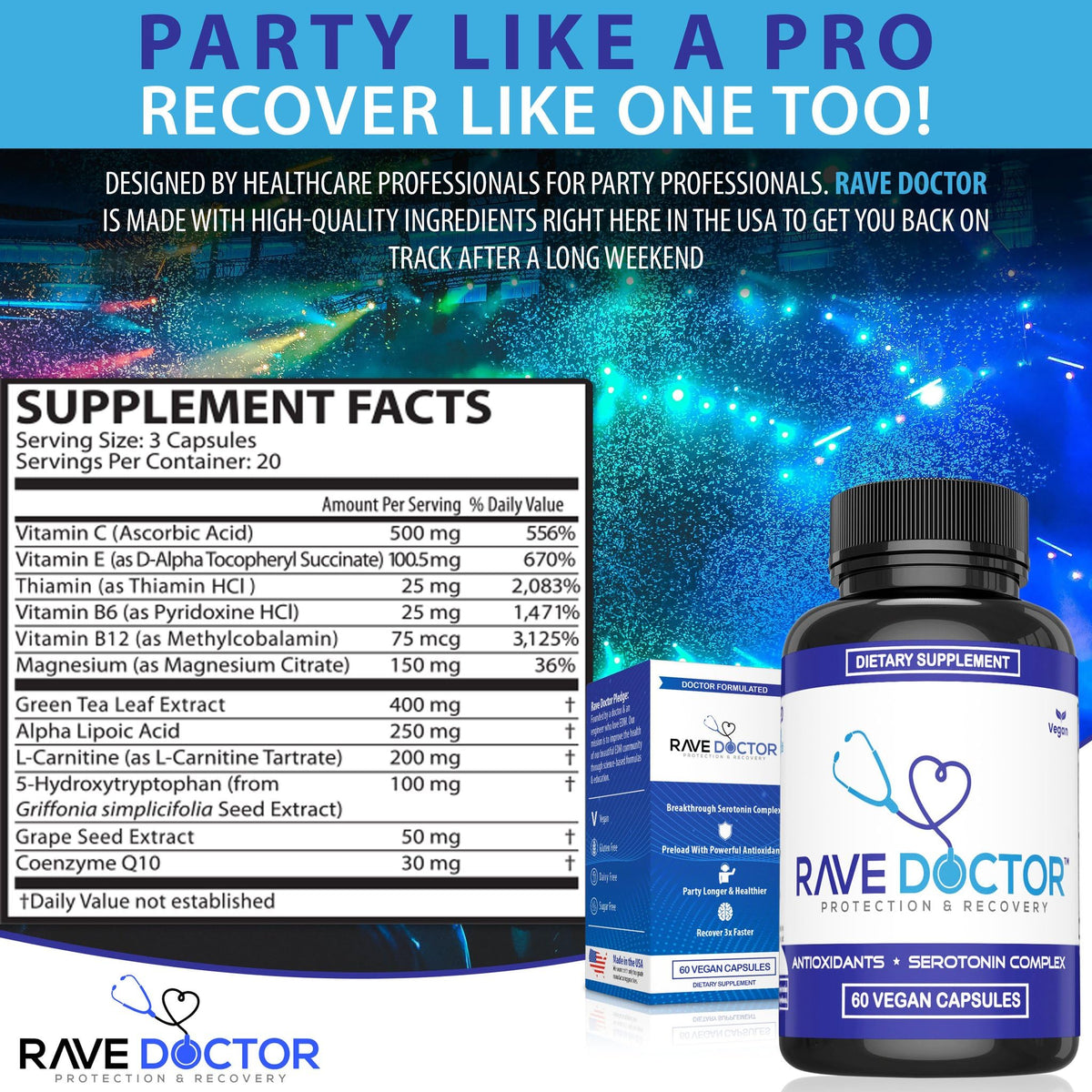 Rave Doctor 5 HTP Supplement - Essential Rave Vitamins for Festival Goers, Rave Accessories, Festival Essentials, Festival Gear, Rave Essentials, 5htp Supplement - FENGGESTORE20