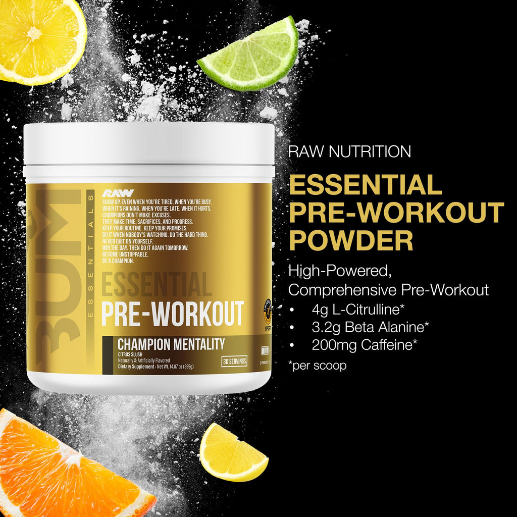RAW Essential Pre-Workout Powder (Champion Mentality) - Chris Bumstead Sports Nutrition Supplement for Men & Women - Preworkout Energy Powder with Caffein - FENGGESTORE20