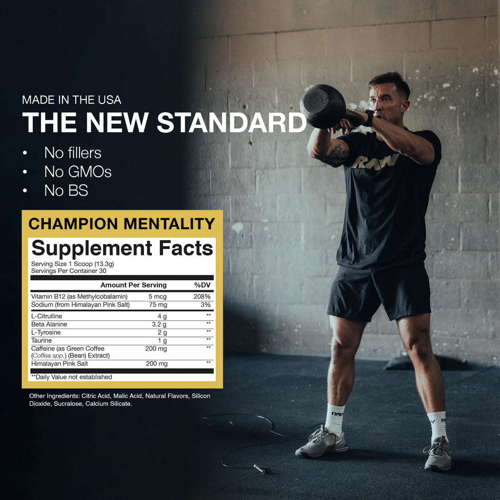 RAW Essential Pre-Workout Powder (Champion Mentality) - Chris Bumstead Sports Nutrition Supplement for Men & Women - Preworkout Energy Powder with Caffein - FENGGESTORE20