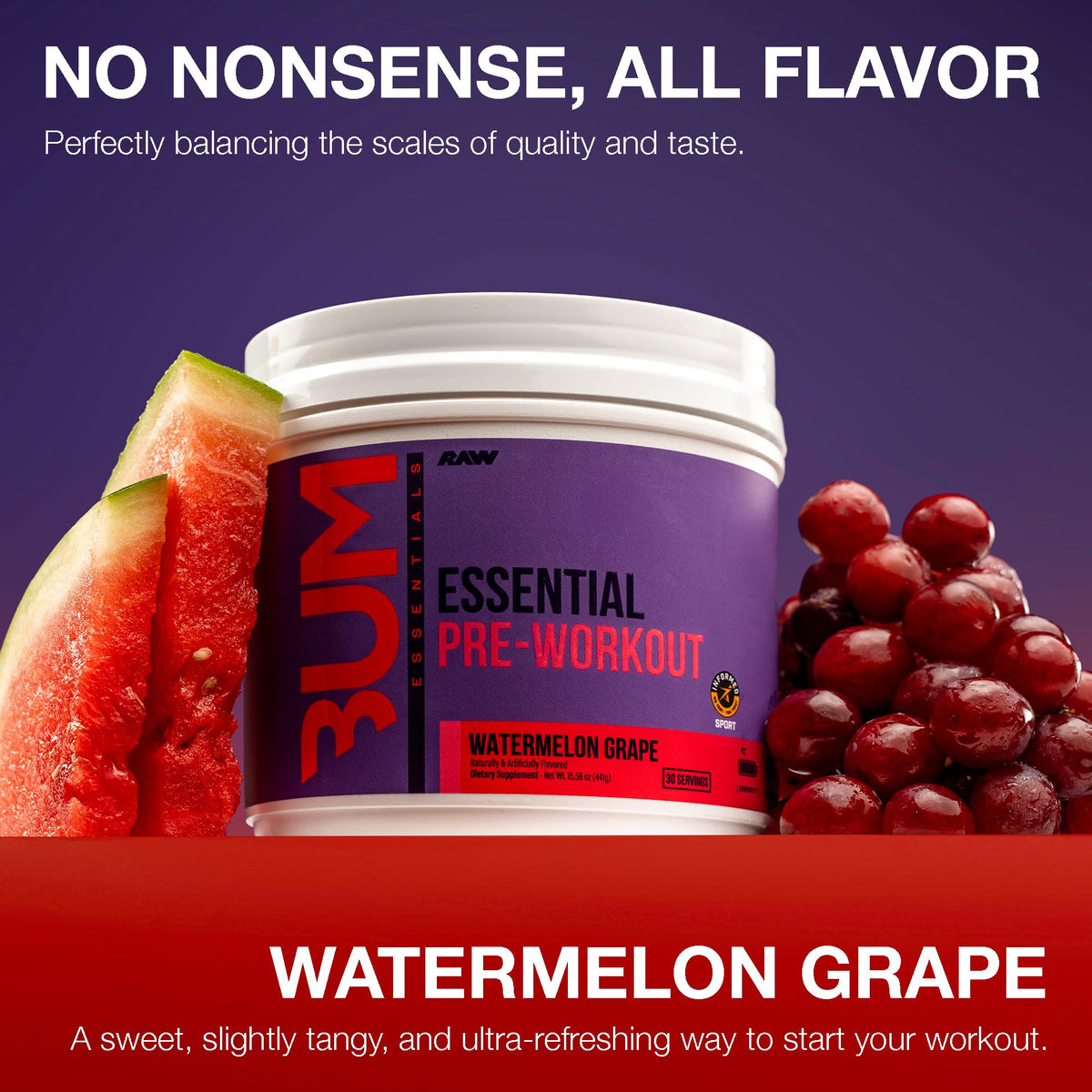 RAW Essential Pre-Workout Powder (Watermelon Grape) - Chris Bumstead Sports Nutrition Supplement for Men & Women - Preworkout Energy Powder with Caffeine, L-Citrulline, - FENGGESTORE20
