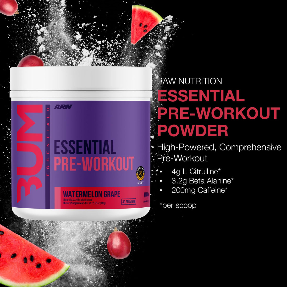 RAW Essential Pre-Workout Powder (Watermelon Grape) - Chris Bumstead Sports Nutrition Supplement for Men & Women - Preworkout Energy Powder with Caffeine, L-Citrulline, - FENGGESTORE20