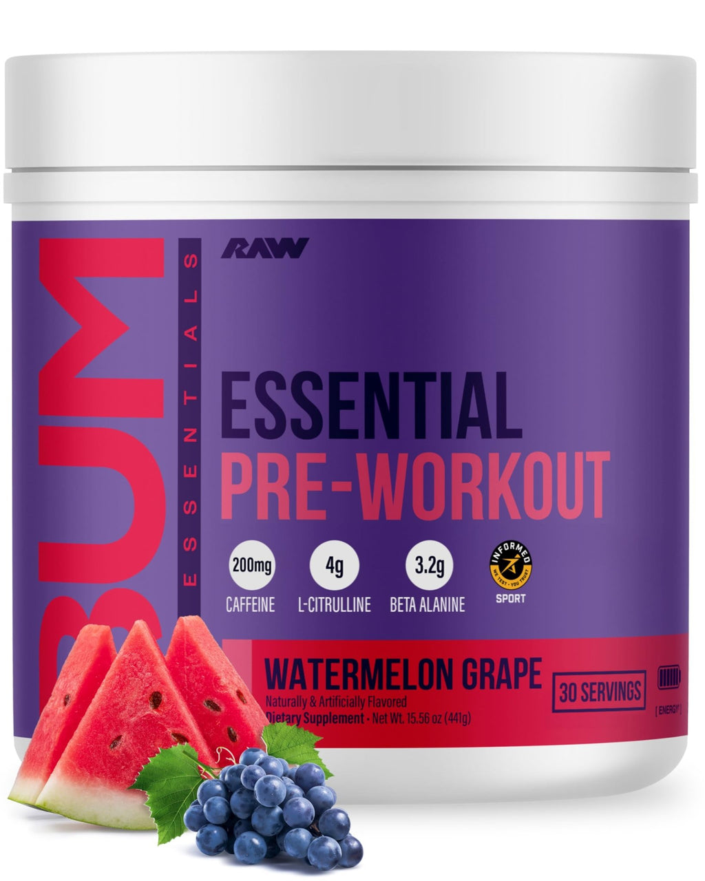 RAW Essential Pre-Workout Powder (Watermelon Grape) - Chris Bumstead Sports Nutrition Supplement for Men & Women - Preworkout Energy Powder with Caffeine, L-Citrulline, - FENGGESTORE20