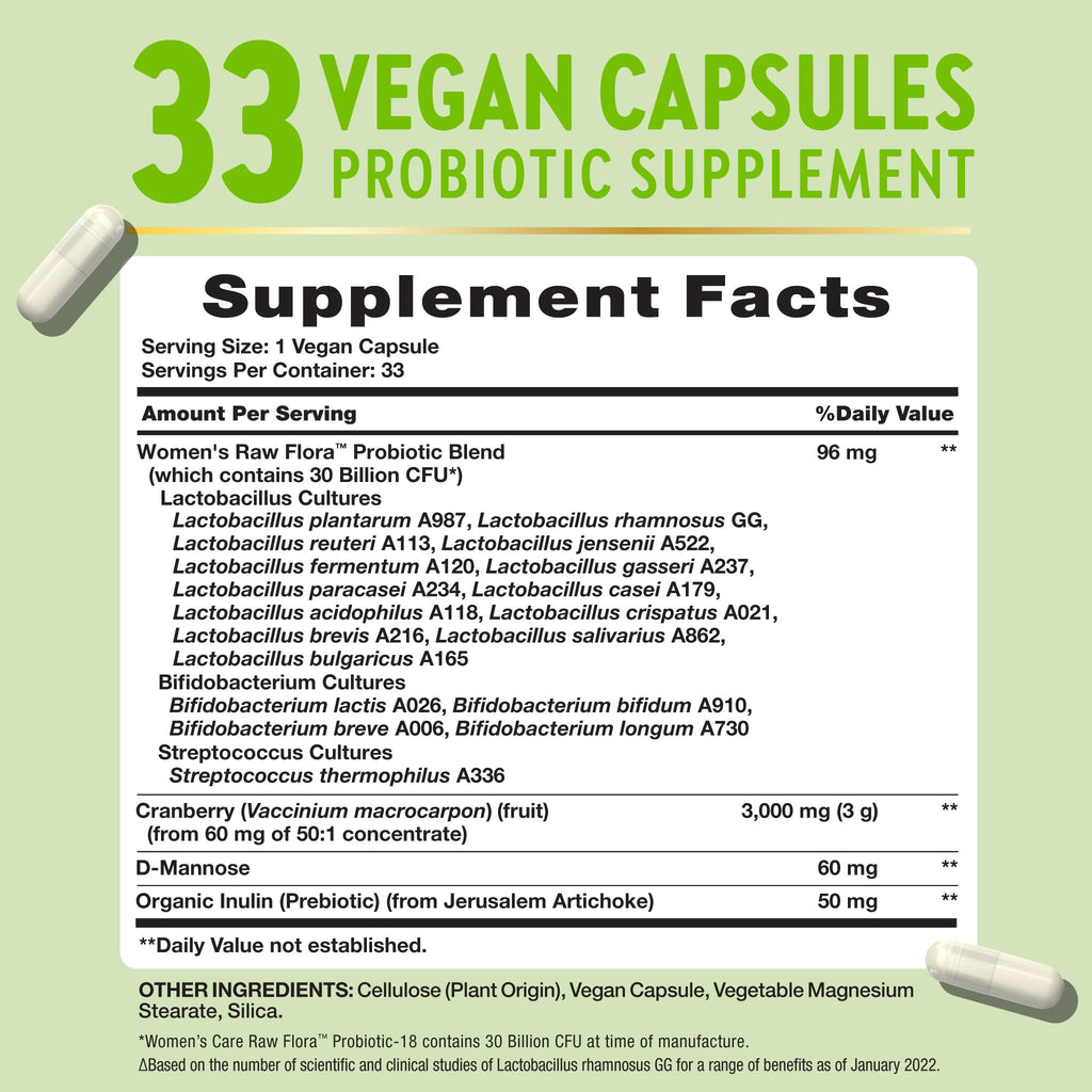 Raw Flora Probiotics for Women | 30 Billion CFU | 33 Capsules | with Cranberry and D-Mannose | Vegan, Non-GMO & Gluten Free Supplement - FENGGESTORE20